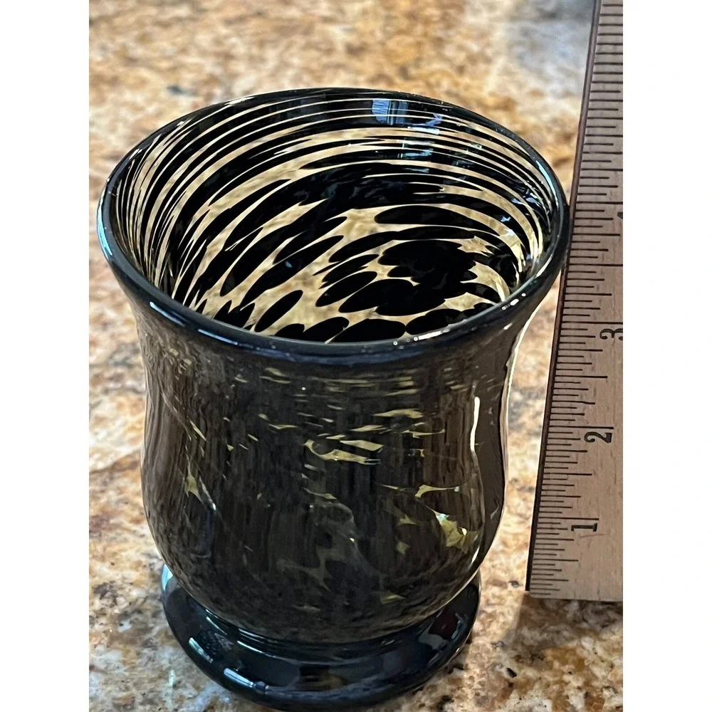 Hand blown Art Glass Votive/Tea Light‎ Holder Amber And Brown Striped Swirl